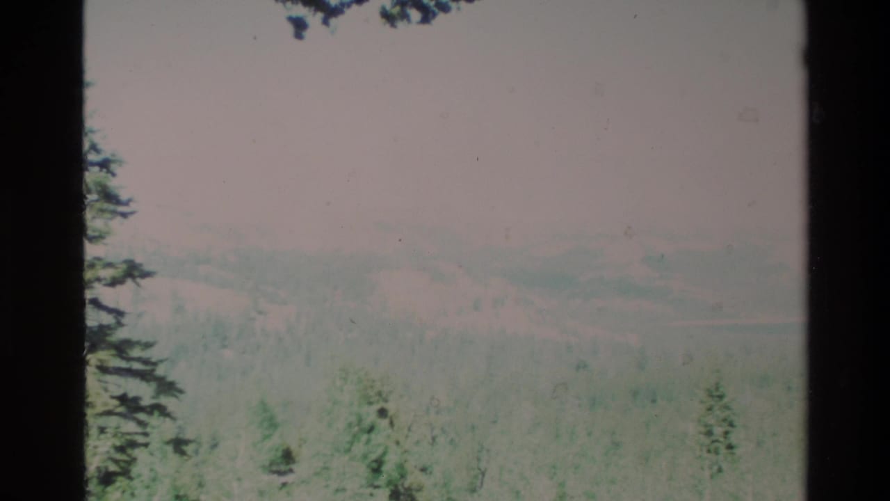 Wide hazy view of green hills and forest with a dark vertical film border near the left.