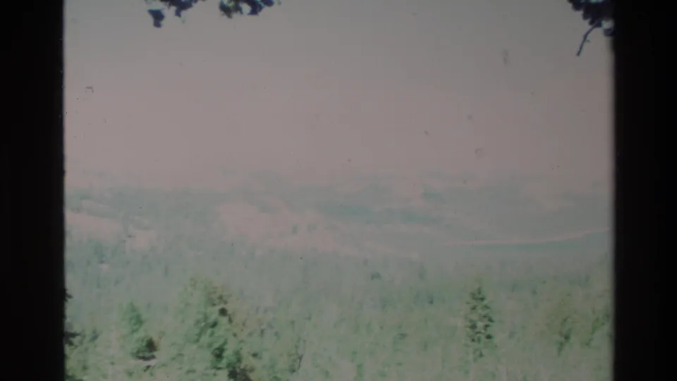 Faded 1980 Big Sur 8mm frame showing a hazy hillside horizon and green conifers under a pale sky.