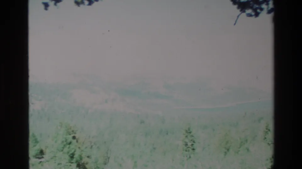 1980 Big Sur home-movie frame with hazy rolling terrain, conifer forest, pale sky, and dark scan borders.