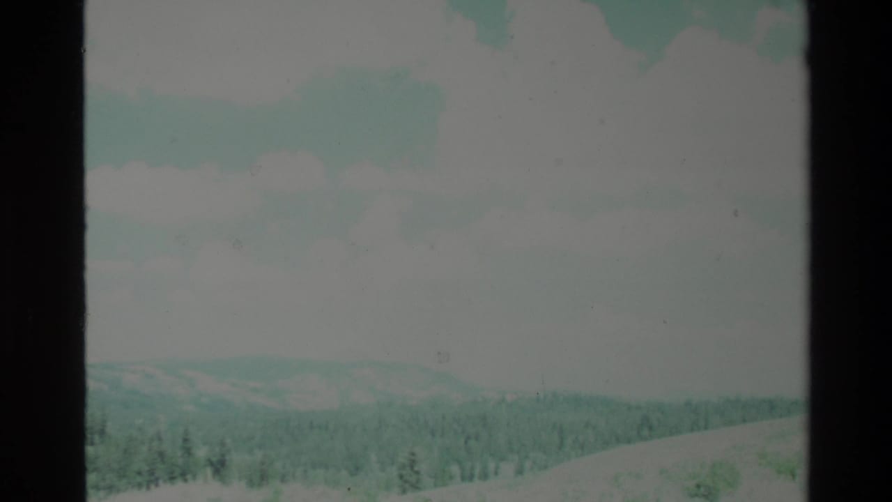 Faded 8mm frame of forested mountain ridges under a pale cloudy sky.