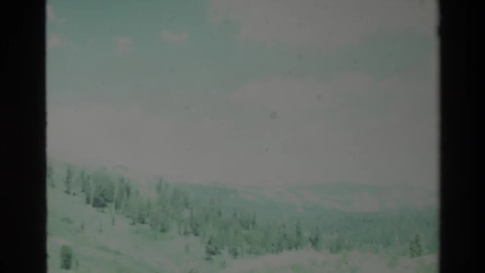 1980 Big Sur home-movie frame showing a broad, faded mountain-and-forest view with pale clouds and the soft green-blue cast of aged 8mm film.