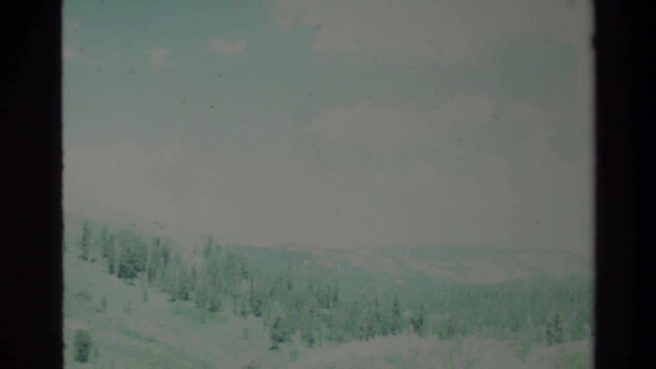 Pale distant landscape seen through a soft, greenish 8mm frame.