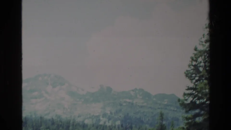 1980 8mm Big Sur landscape view with distant hazy mountains, green slopes, a tall tree and dark frame edges.