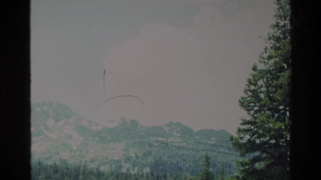 Big Sur mountain view from 1980 metadata, showing hazy peaks, green wooded slopes and a dark vertical film edge.
