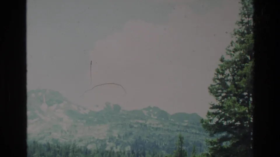 Big Sur mountain view from 1980 metadata, showing hazy peaks, green wooded slopes and a dark vertical film edge.