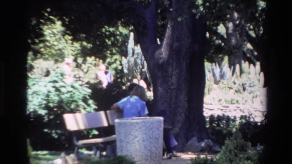 1980 Big Sur frame showing a person seated on a wooden bench under a large shade tree, backed by shrubs and tall pale garden plants.