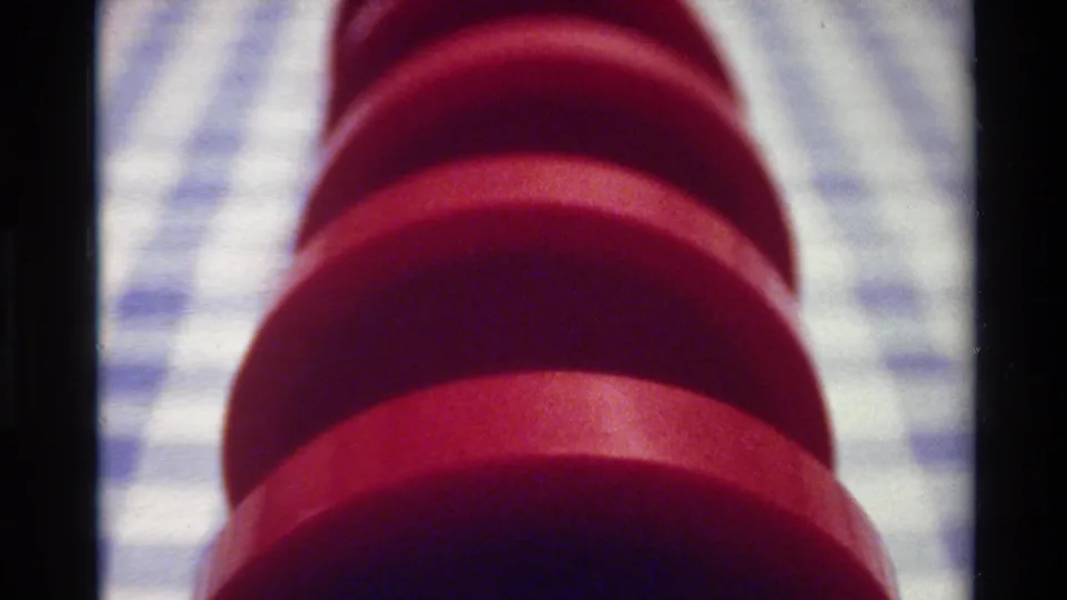 1980 Big Sur 8mm frame showing a close red ribbed spiral object against a blue-and-white checkered tablecloth.