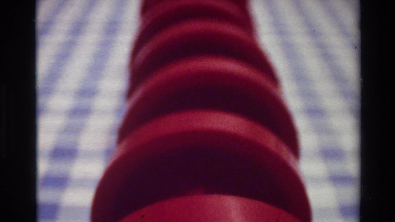 1980 Big Sur 8mm close-up with the red spiral object centered over a softly focused checkered cloth.