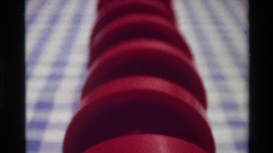 1980 Big Sur 8mm close-up with the red spiral object centered over a softly focused checkered cloth.