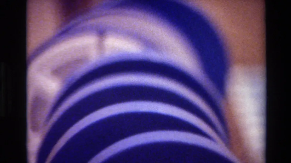 1980 Big Sur 8mm close-up of a purple ribbed tube or hose, partly showing a pale inner core against a warm background.