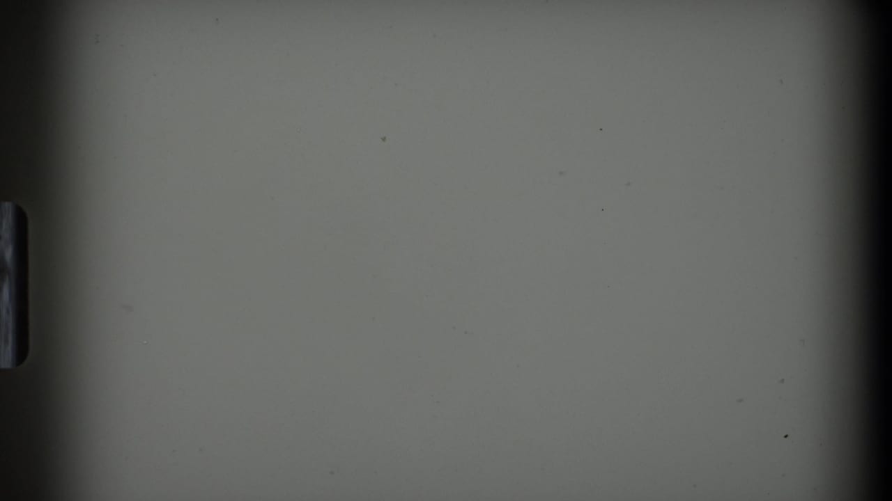 A transitional 8mm frame with dark exposure, pale film area, gate edge, and minimal visible detail before the nature subject appears.