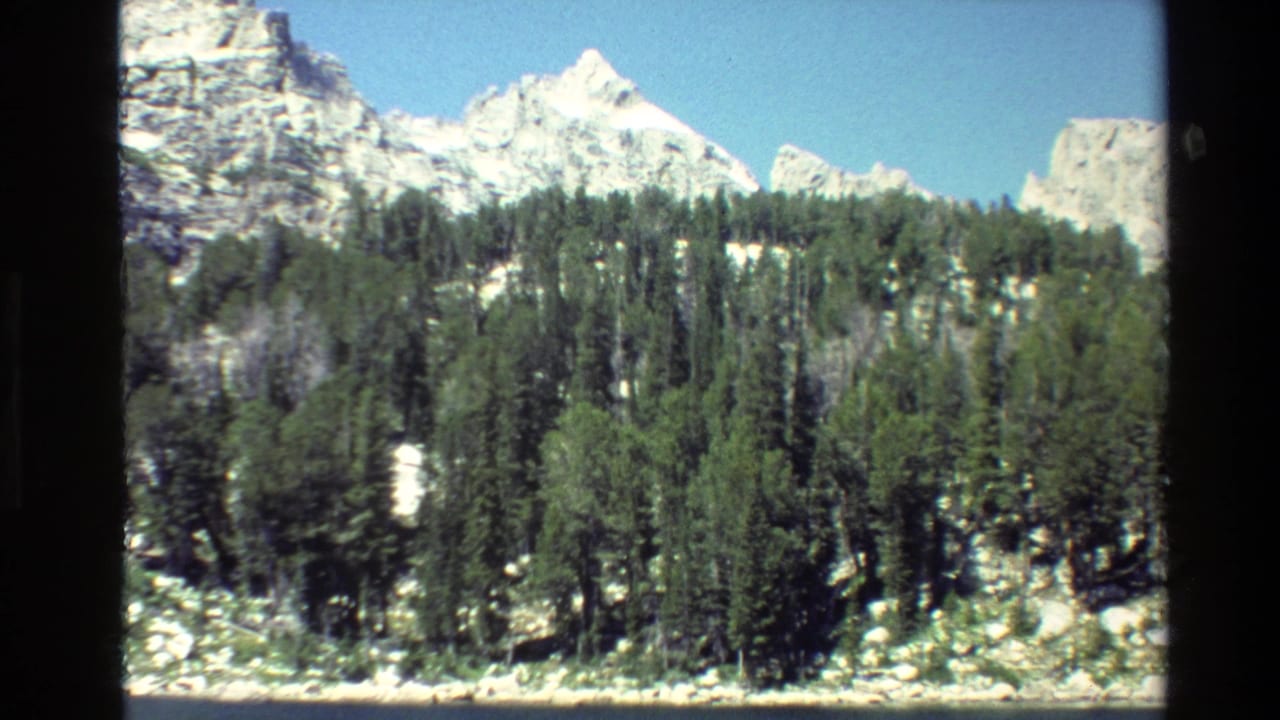 Grand Teton, Wyoming 8mm frame showing snowy peaks behind a dark evergreen forest and rocky foreground in bright sun.
