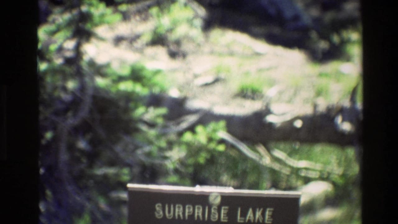 The camera holds on the lower edge of a Surprise Lake sign with sunlit rocks, trees, and greenery beyond it.