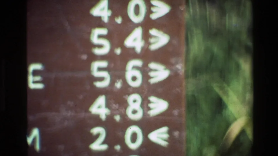 Soft handheld close-up of the 1980 Grand Teton trail sign, with white mileages and arrows filling most of the frame.