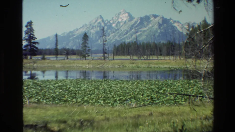 Grand Teton home-movie still with a lily-covered pond in the foreground, dark shoreline trees, and snow-capped peaks filling the background.