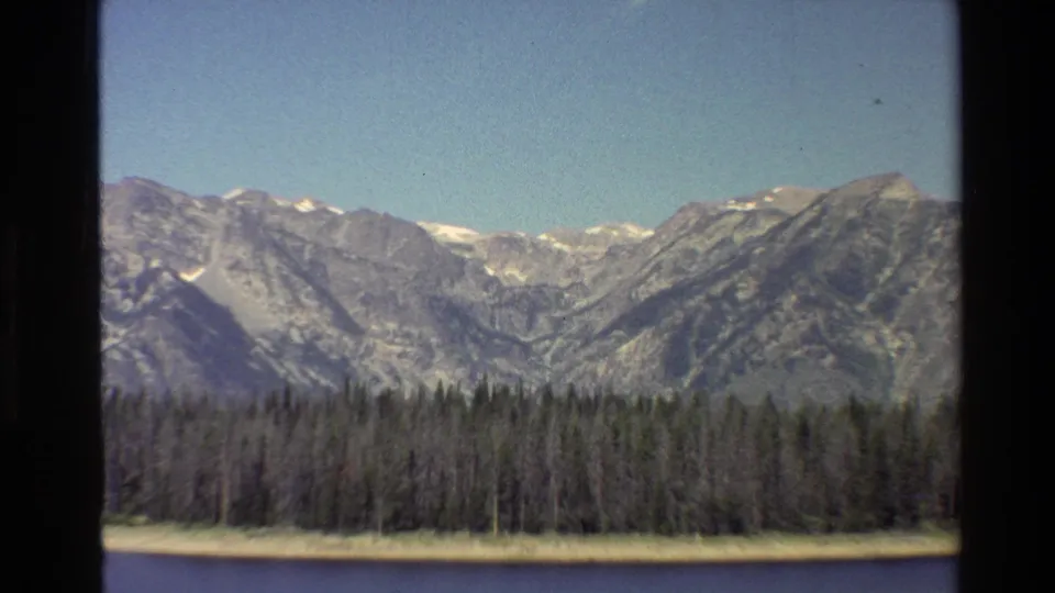Grand Teton shoreline view with calm water, dense evergreens, and pale rocky peaks under blue sky.