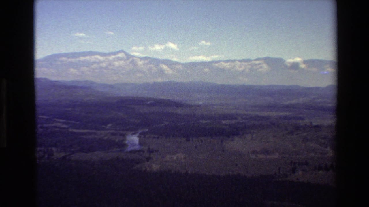 Wide valley view with forest, winding water, distant mountains, and bright sky.