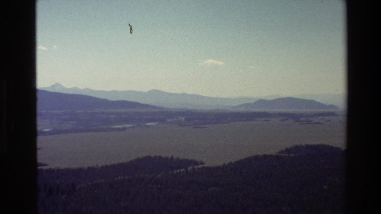 Wide lake panorama with mountain ranges and wooded hills in the foreground.