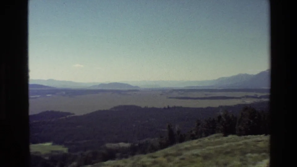 Elevated Grand Teton-area landscape with grassy slope, dark evergreen forest, broad lake, valley floor, and distant mountain ridges.