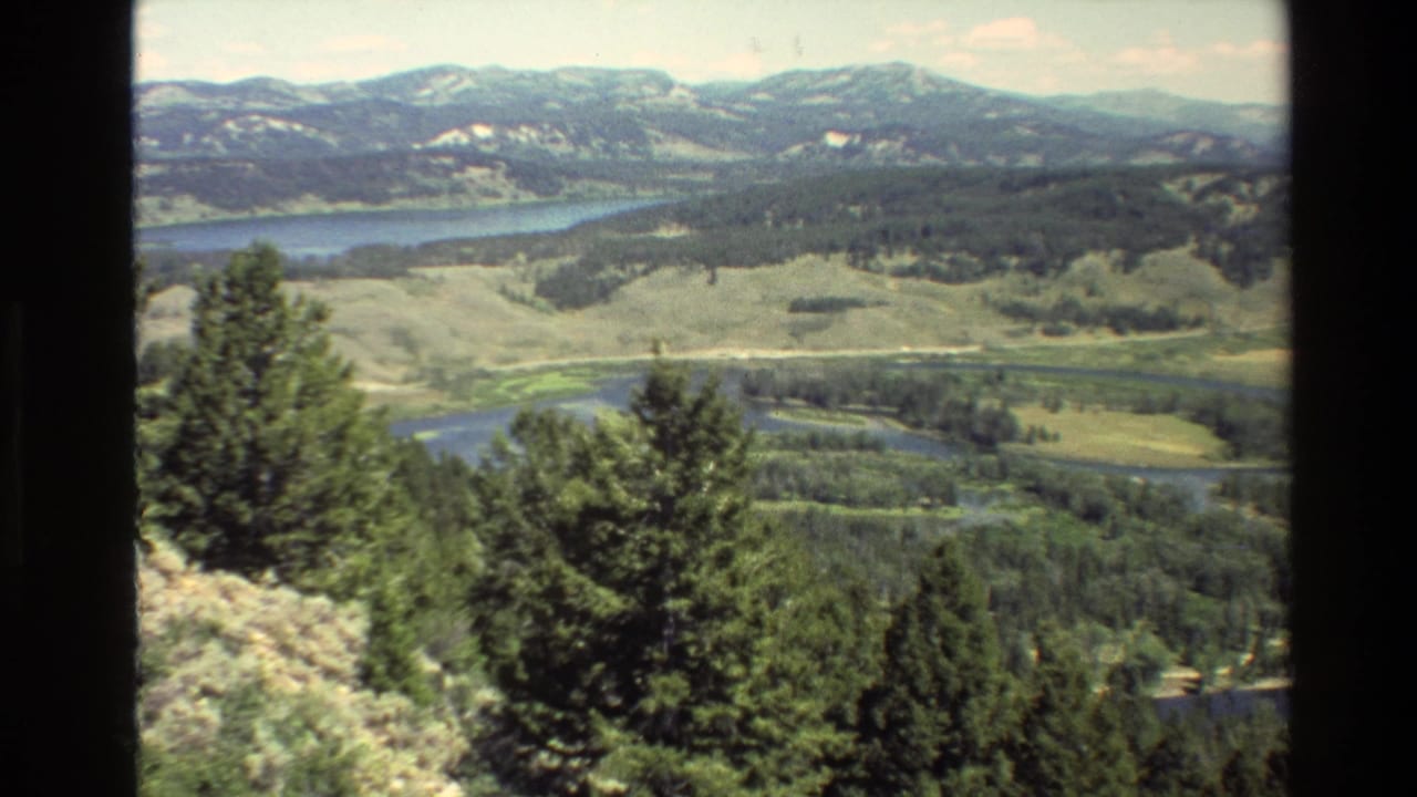 Valley and lake panorama with pine trees in the foreground and mountains beyond.