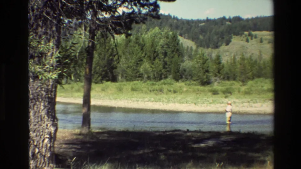 1980 Grand Teton frame with a man fishing in a stream, seen past a large tree trunk, pine trees, grasses, and low hills.