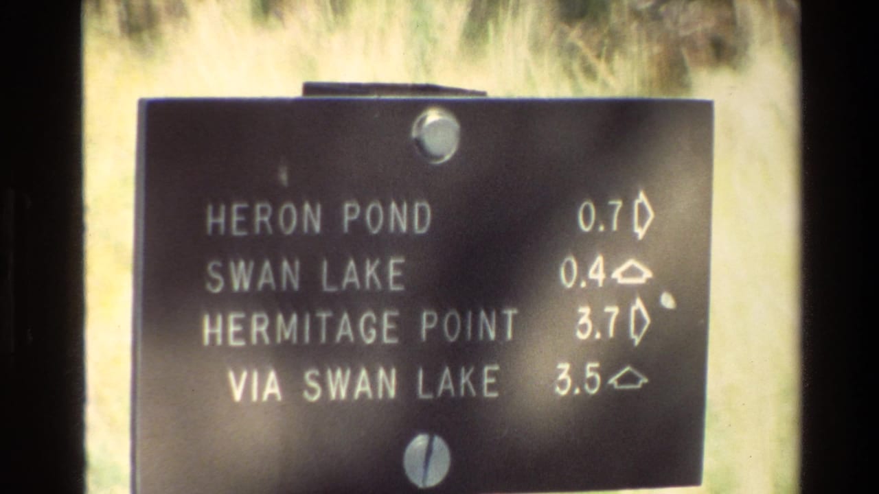 Dark directional sign listing Heron Pond, Swan Lake, Hermitage Point, and Via Swan Lake.