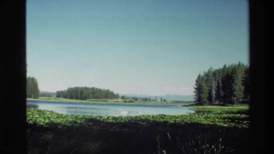 1980 8mm Grand Teton lake view through a window frame, with shoreline plants, conifers, distant ridges, and pale sky.