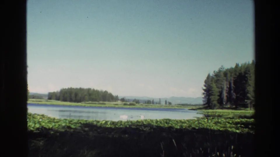 Archival 8mm view of a Grand Teton lake from indoors or shelter, showing water, shoreline greenery, conifers, and distant hills.