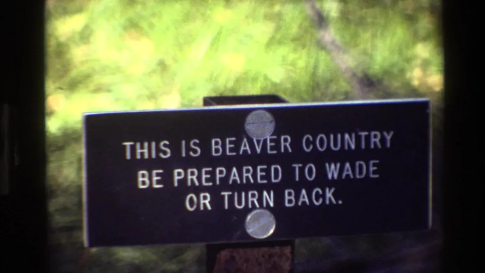 Final 1980 Grand Teton frame with the beaver country warning sign still prominent and bordered by 8mm film edges.