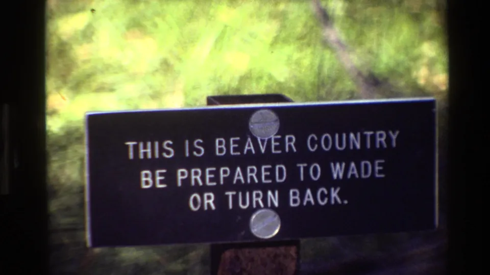 1980 Grand Teton home-movie frame of a black sign warning visitors to wade or turn back in beaver country.