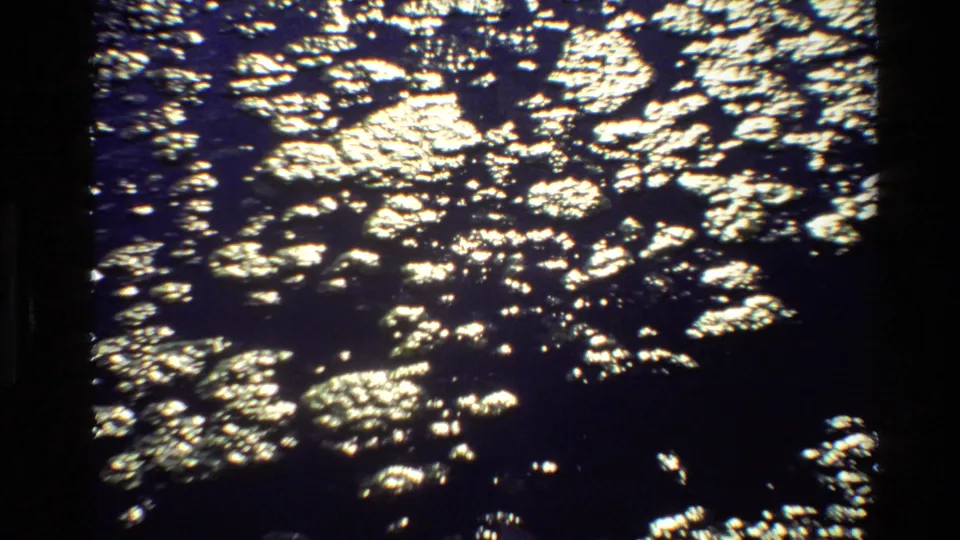Grand Teton archival 8mm frame showing murky reflective water, possible algae, and debris in a shadowed natural setting.