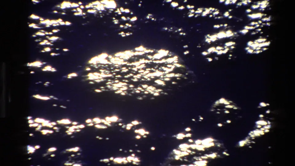 1980 8mm Grand Teton frame with a bright cluster of sunlight on rocks amid deep forest shadow.