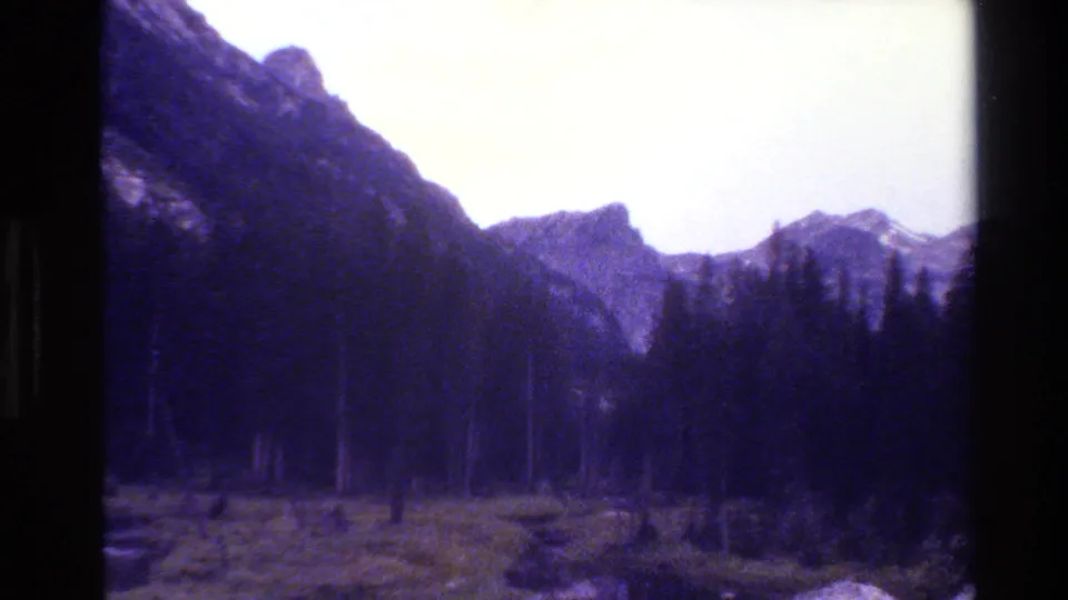 1980 Grand Teton, Wyoming 8mm frame showing mountain peaks above a shadowed evergreen forest and meadow under a pale sky.