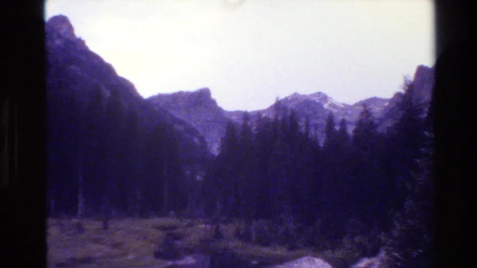1980 Grand Teton, Wyoming view of jagged peaks and dense forest with soft focus, grain, and purple color shift.