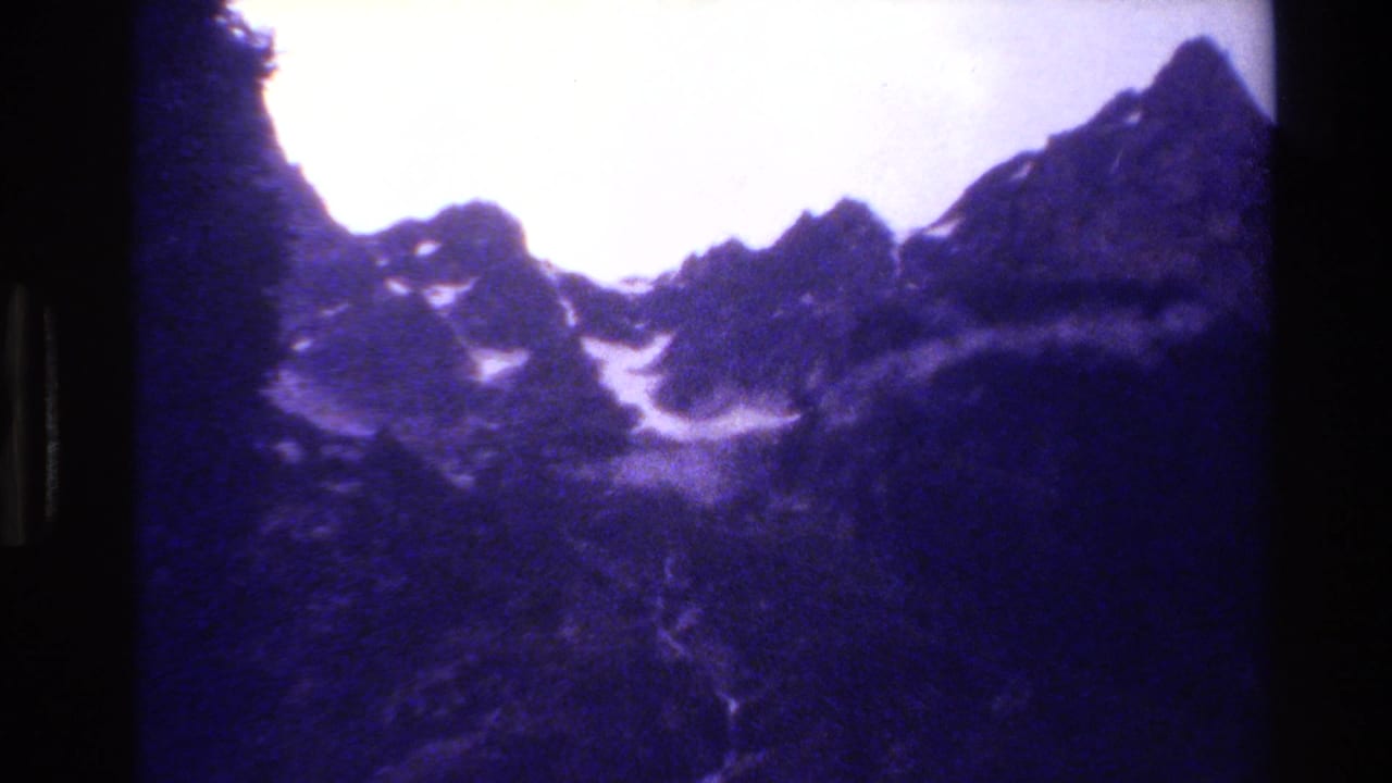 Snow-capped mountain peaks above a dark forested valley with a bright sky.