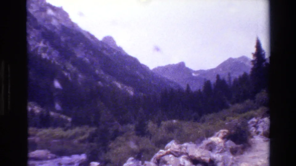 Grand Teton 1980 home-movie frame showing a mountain valley, evergreen forest, brush, rocks, and a bright washed sky.