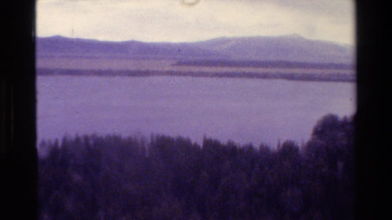 Grand Teton, Wyoming landscape frame with lake water, dark tree line, and distant mountains in purple-tinted 8mm film color.