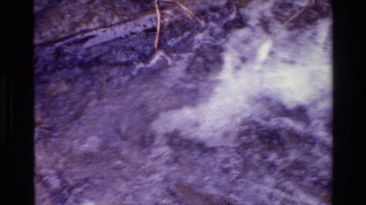 Close view of dirt, pebbles, twigs, and pale moving water or foam.