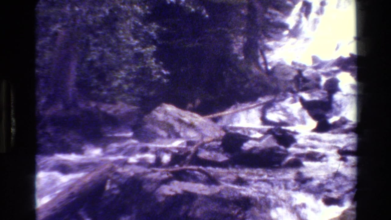 Grand Teton, Wyoming home-movie frame shows rapids crossing a rocky streambed with logs and trees around the water.