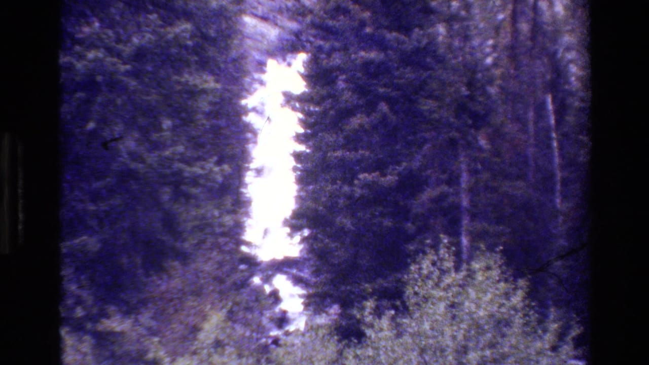 Grand Teton-area forest view with a bright waterfall framed by dark evergreens in 1980 8mm home-movie footage.