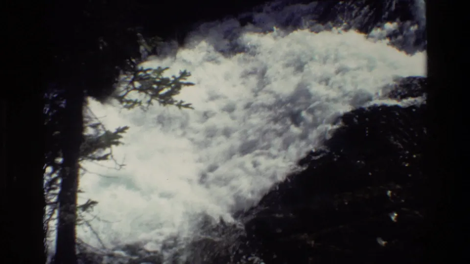 Rushing whitewater in the Grand Teton, Wyoming area, framed by dark rocks and nearby pine branches on 8mm film.