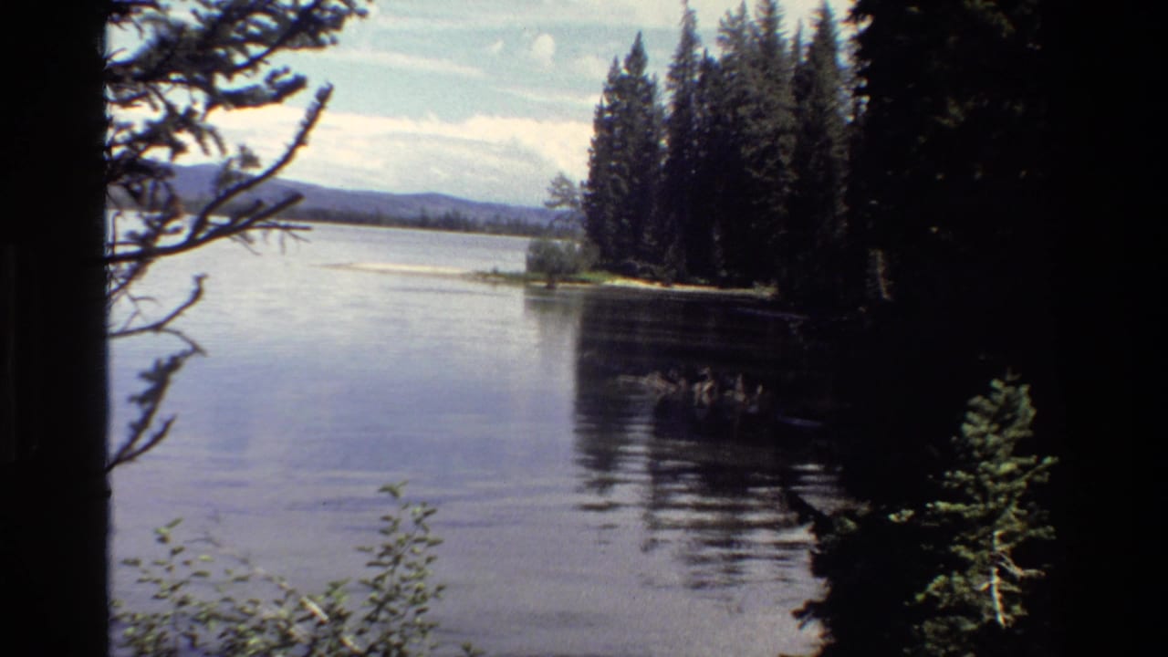 1980 Grand Teton home-movie frame showing a still lake, evergreen shoreline, distant hills, and dark foreground tree shade.