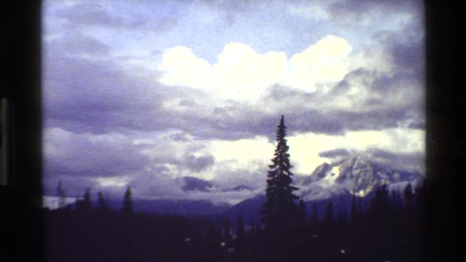1980 Grand Teton-area 8mm view of snow-bright mountain peaks beneath clouds, with evergreen treetops and a tall pine in front.