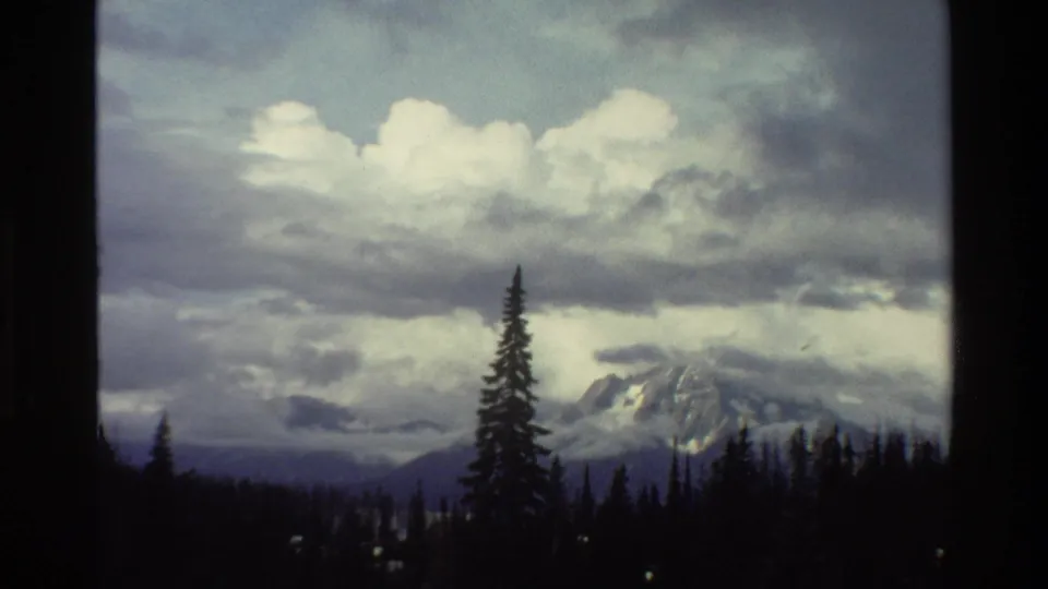 1980 Grand Teton, Wyoming home-movie frame with a tall conifer silhouetted before a snowy mountain slope and overcast sky.
