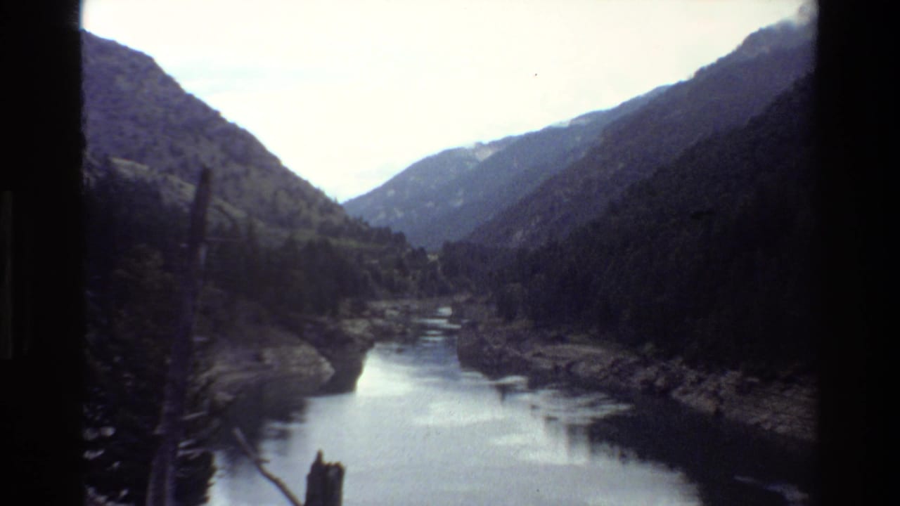 Wide river valley between dark forested mountains under a pale overcast sky.