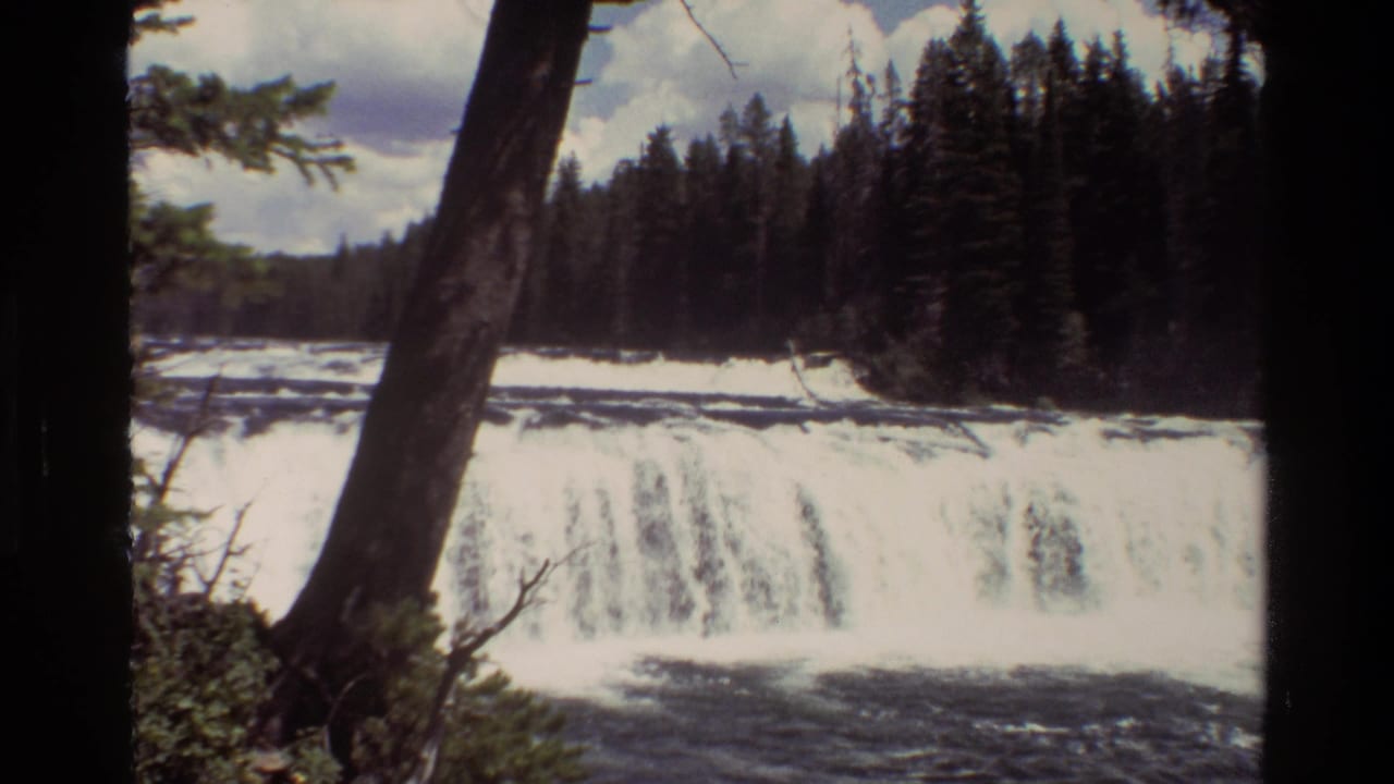 1980 8mm Grand Teton view of a broad white waterfall running below evergreens, framed by dark tree trunks in the foreground.