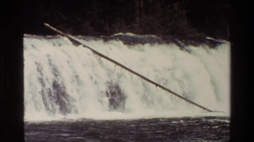 1980 8mm Grand Teton view of a powerful waterfall with a long fallen tree trunk angled across the cascade.