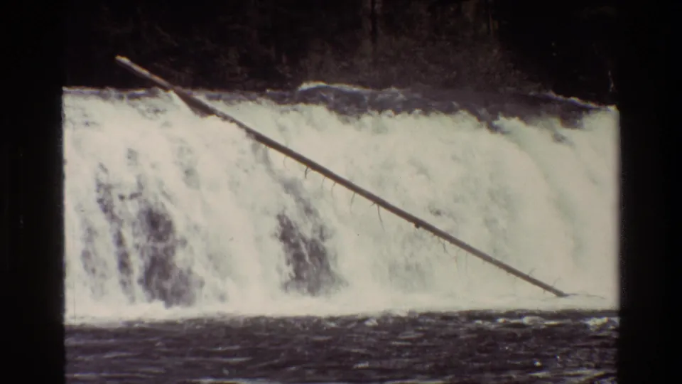 1980 home-movie footage from Grand Teton showing a waterfall, dark river water, and a long trunk angled across the frame.