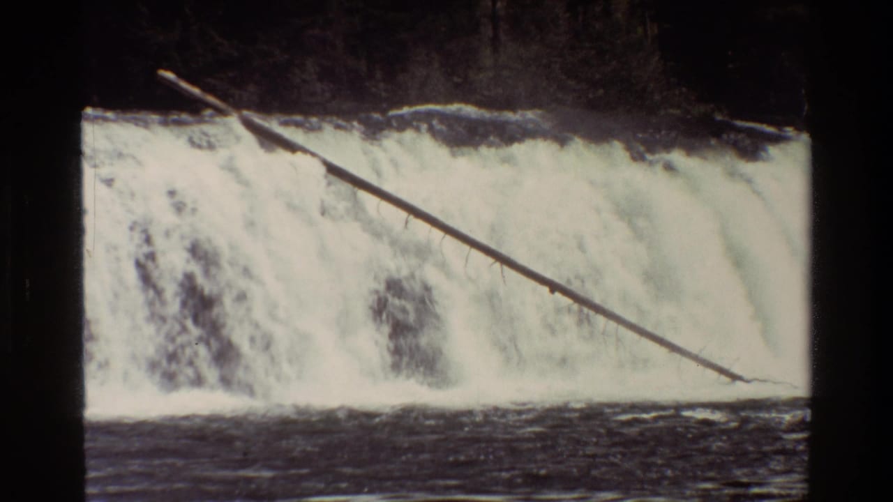 1980 8mm Grand Teton footage shows white water pouring over a ledge as a fallen log angles across the cascade.