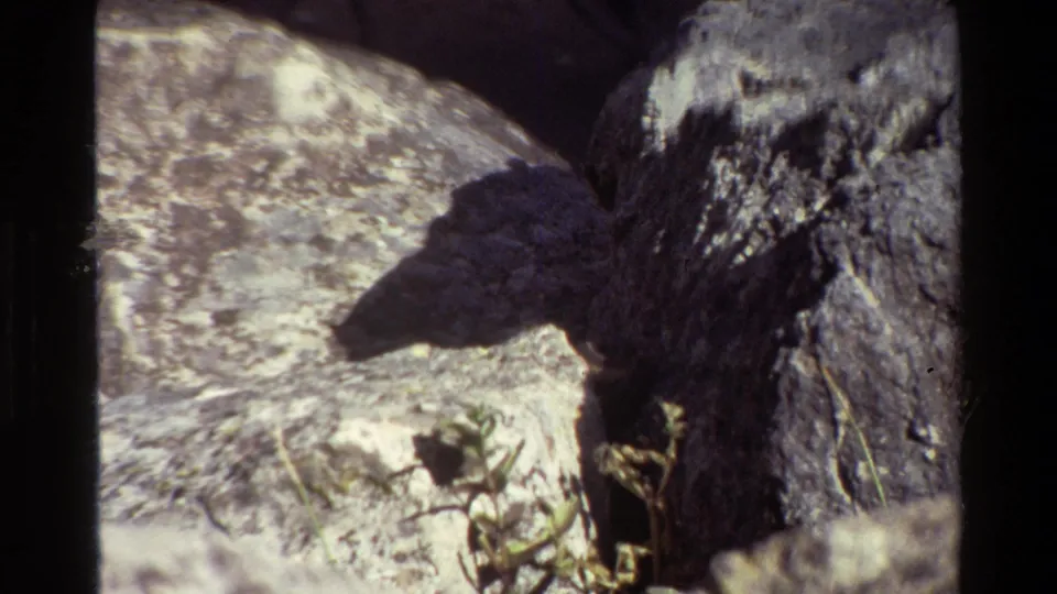 Grand Teton 1980 8mm frame showing rough rock texture, high-contrast shadow, and sparse vegetation.